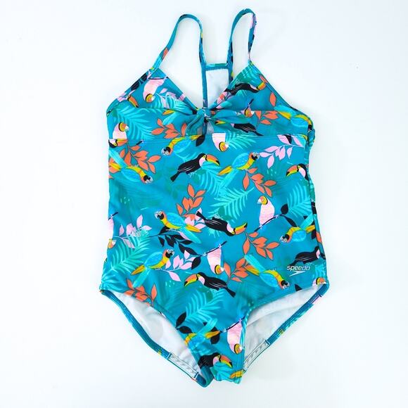 Speedo Girls Bathing Suit One Piece Tropical Toucan Birds Racerback Thin Staps - Picture 1 of 7
